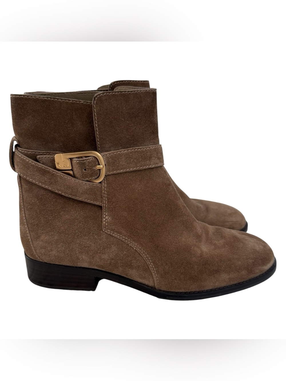 Tory Burch Brooke Brown Suede Ankle Boots Gold Buckle Detail Size 8.5